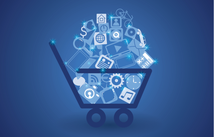shopping cart with media logos to represent media buying