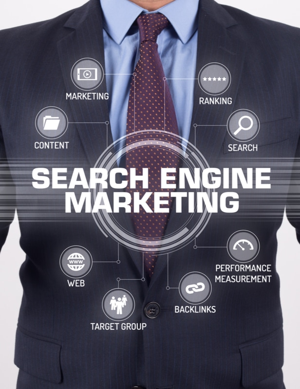 Image of a man in a business suit standing behind a graphic showing SEO and related terms