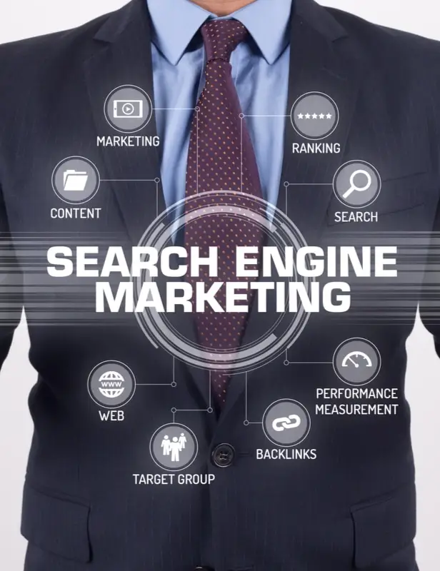 a marketer graphically presenting search engine marketing and its branches